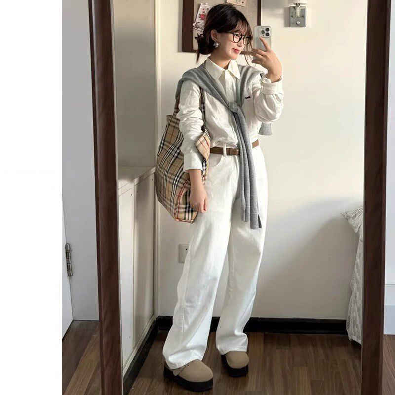 白色窄版阔腿牛仔裤女春秋2025新款高腰宽松垂感拖地小个子直筒裤