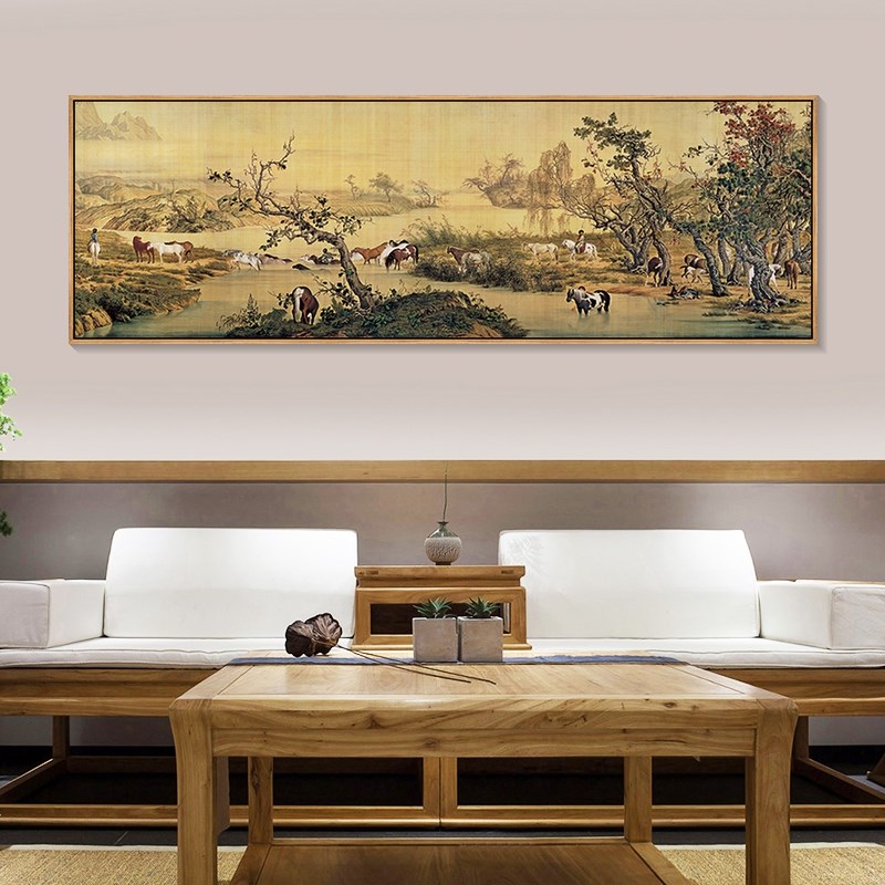 郎世宁装饰画百骏图办公室挂画新中式客厅背景墙壁画横幅骏马图画
