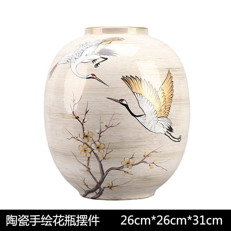 新中式创意手绘桃花仙鹤陶瓷装饰品客厅餐桌酒柜摆设插花花瓶摆件
