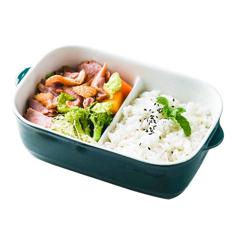 方形陶瓷二格饭盒可微波加热分格便当盒食堂打包上班族专用餐盒