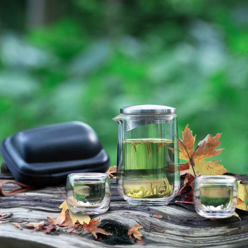 尚明旅行1壶两杯整套车载功夫茶具双层耐热防烫玻璃快客茶壶L005S