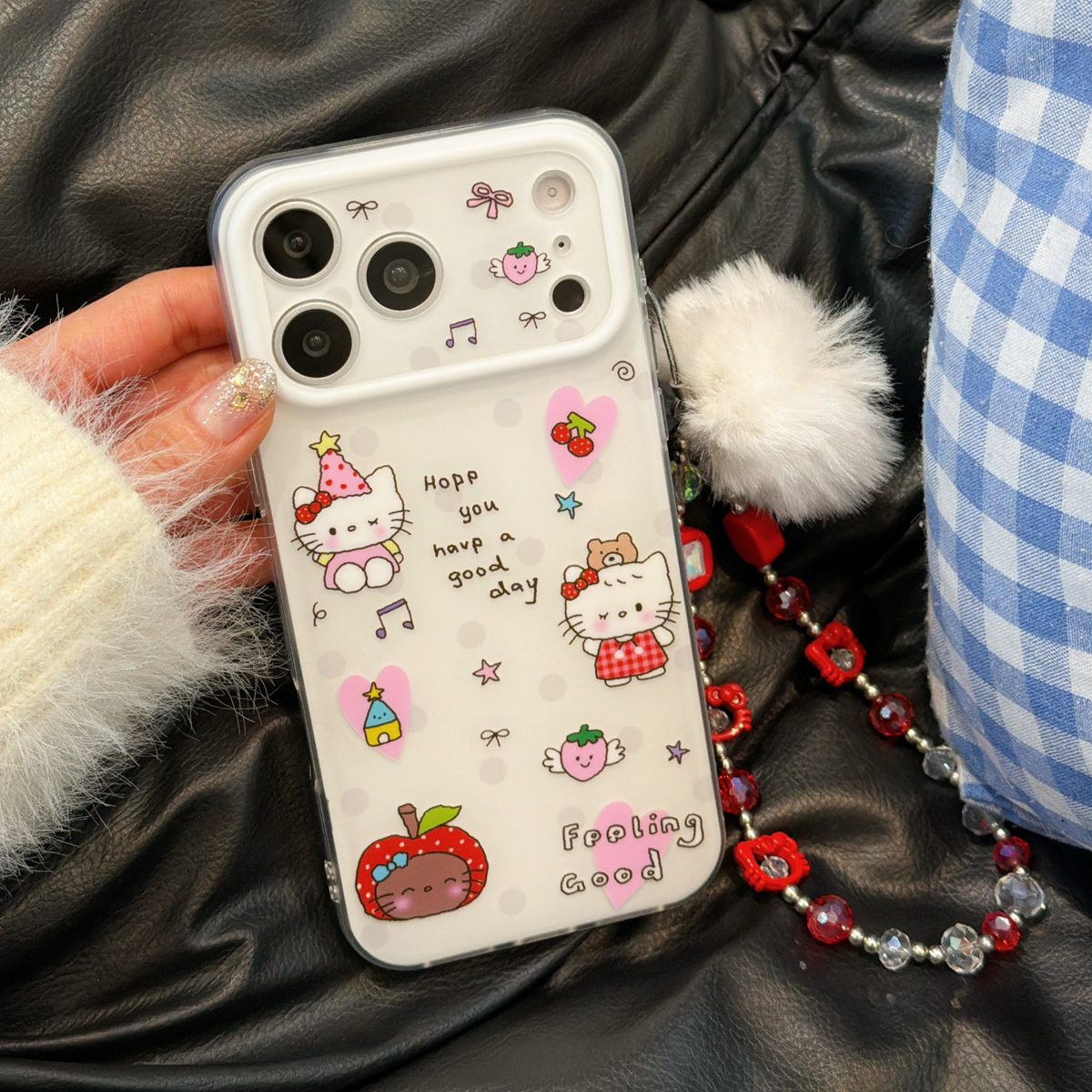 日韩可爱卡通适用苹果17手机壳iPhone17Promax新款16高级感15保护套13硅胶14防摔全包磨砂带链条女款软壳