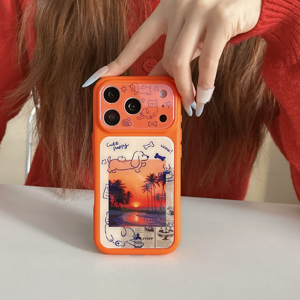 落日炫彩涂鸦夕阳海滩适用苹果16/17promaxins韩系iPhone15pro手机壳创意女款14全包防摔大视窗13保护套