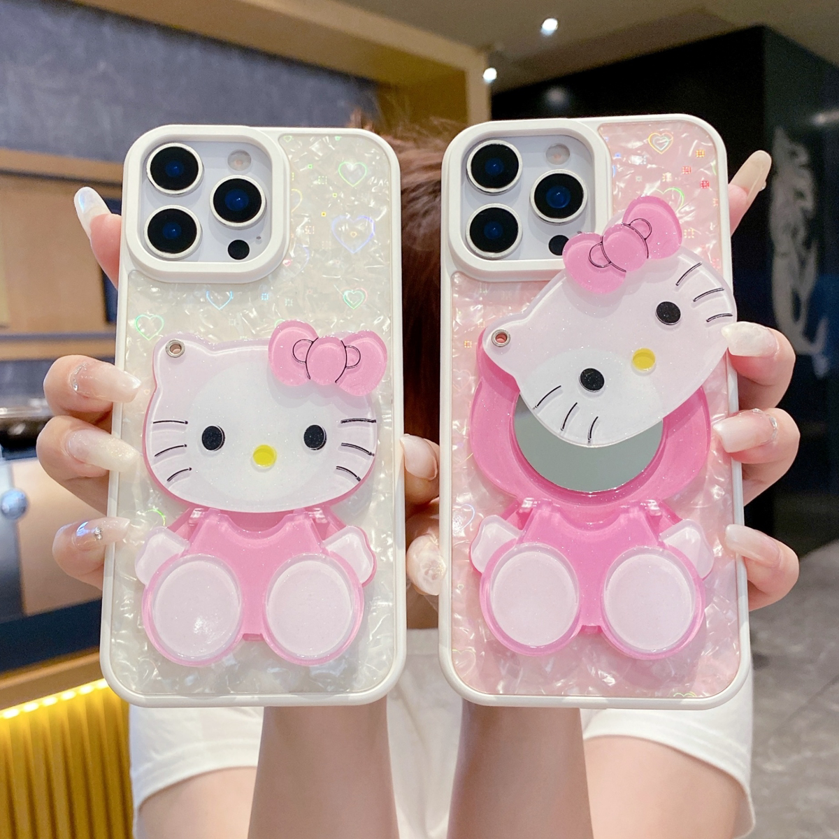 hellokitty镜面支架手机壳适用苹果16手机壳可爱猫咪镜子17promax贝壳纹15卡通ins风保护套