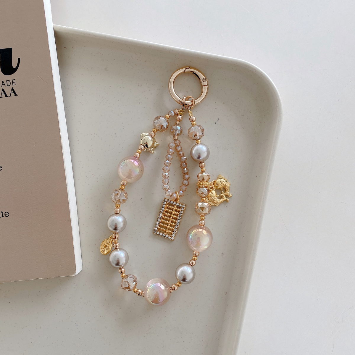 2026年新款手机链挂件招财算盘汽车钥匙扣链挂脖水晶珍珠斜跨挂链