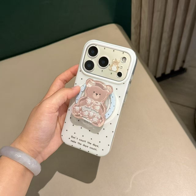 韩风INS可爱小熊波点磁吸支架适用于iphone17promax苹果15手机壳新款16pro双层气囊硬底软边15pm防摔壳