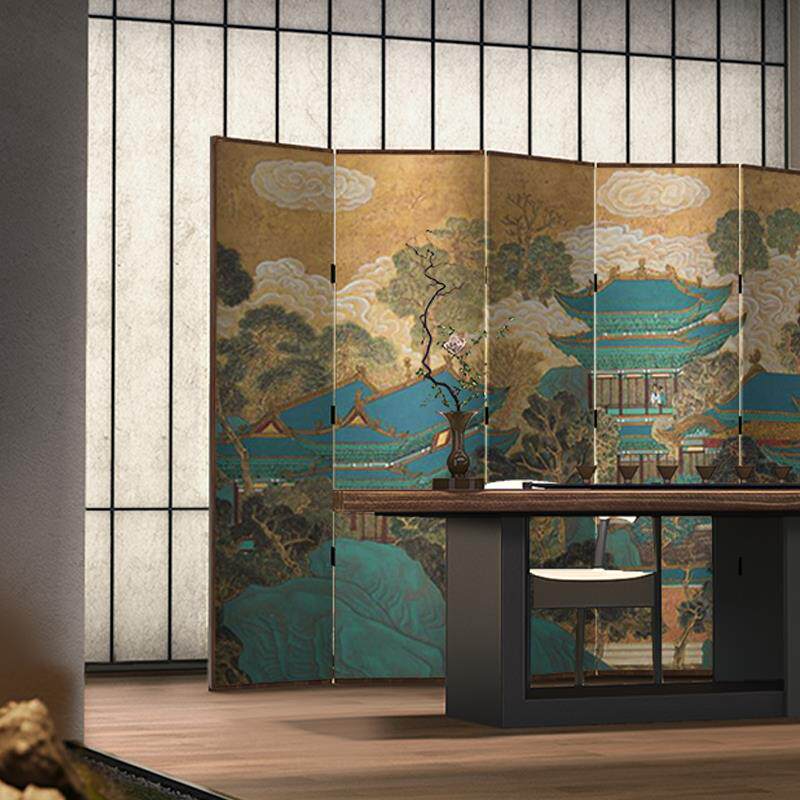 古典中式屏风隔断装饰客厅茶室酒店折叠移动建筑山水古画原木折屏