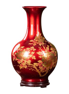 景德镇陶瓷中国红色牡丹花瓶家居客厅电视柜玄关中式装饰插花摆件