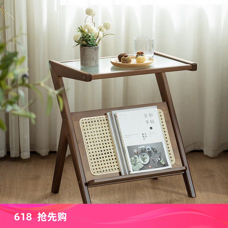 藤编小茶几客厅沙发边几简易家用实木玻璃小茶几茶桌报刊置物茶台