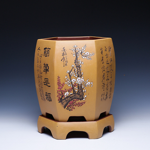 宜兴紫砂花盆陶瓷大君子兰花盆中国风客厅精品六角专用兰花盆高档