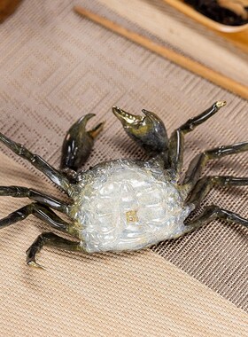 朱炳仁黄铜茶宠摆件 金钳宝铜螃蟹手把件 中式风格桌面装饰品 八