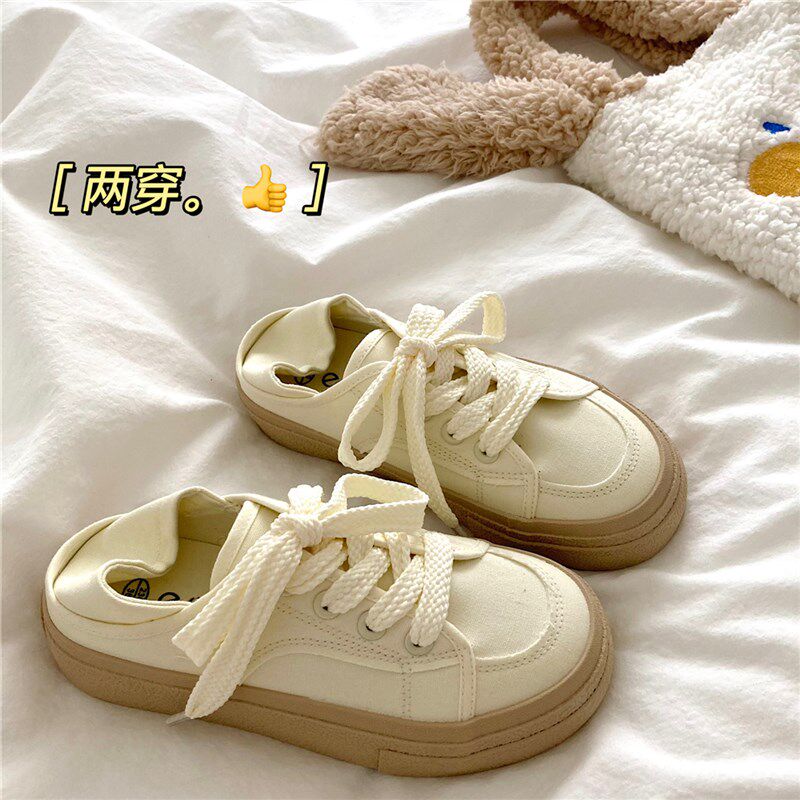 奶茶色~两穿踩跟小白鞋女夏季wins百搭厚底帆布鞋学生薄款透气半