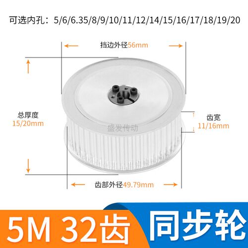 免键同步轮5M32齿宽11/16内孔56z8101214151620胀紧套轴衬同步带