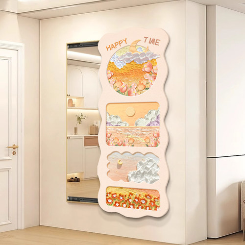 奶油风隐藏式全身穿衣q镜可推拉壁画隐形镜子可关闭玄关装饰画挂
