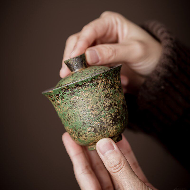 尚器 粗陶绿野仙踪盖碗可悬停盖碗单个高档泡茶功夫茶具岩茶盖碗