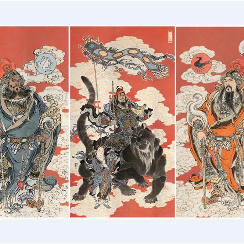 李云中绘国画财神赵公明门神秦琼尉迟恭年画三件套绝机宣纸复刻本