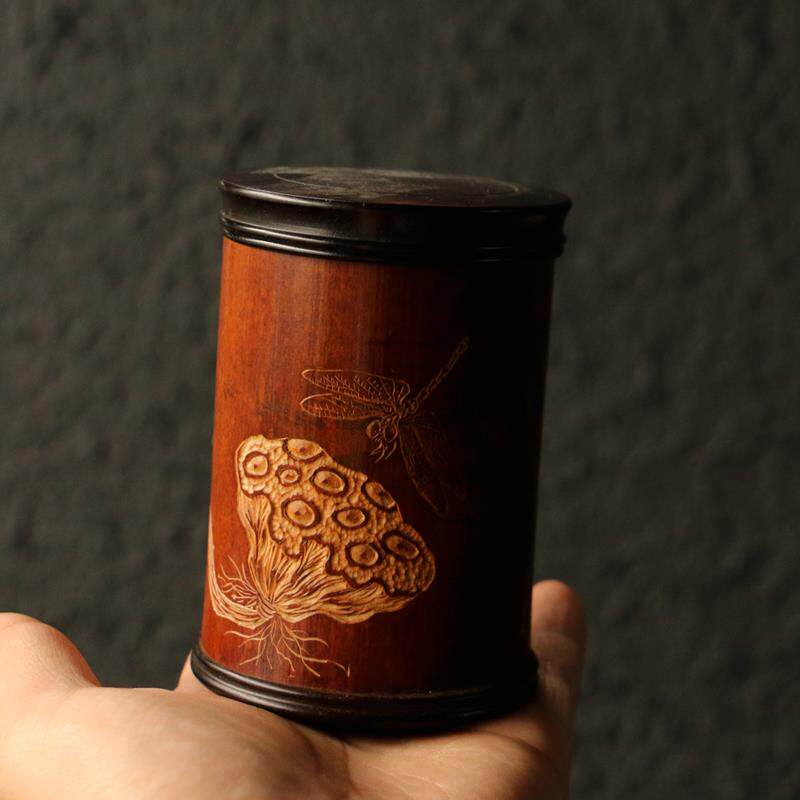 一物一拍纯手工雕刻天然超大老煤竹茶叶罐竹雕山石竹子图茶仓茶筒