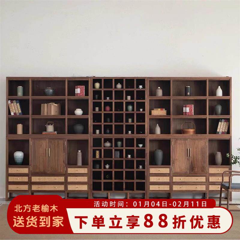 新中式博古架实木置物架古董茶室茶叶茶具架展示柜榆木摆件多宝阁