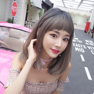 狗啃浏海假发 圆脸修颜中长卷发套 网M红锁骨短发自然梨花头