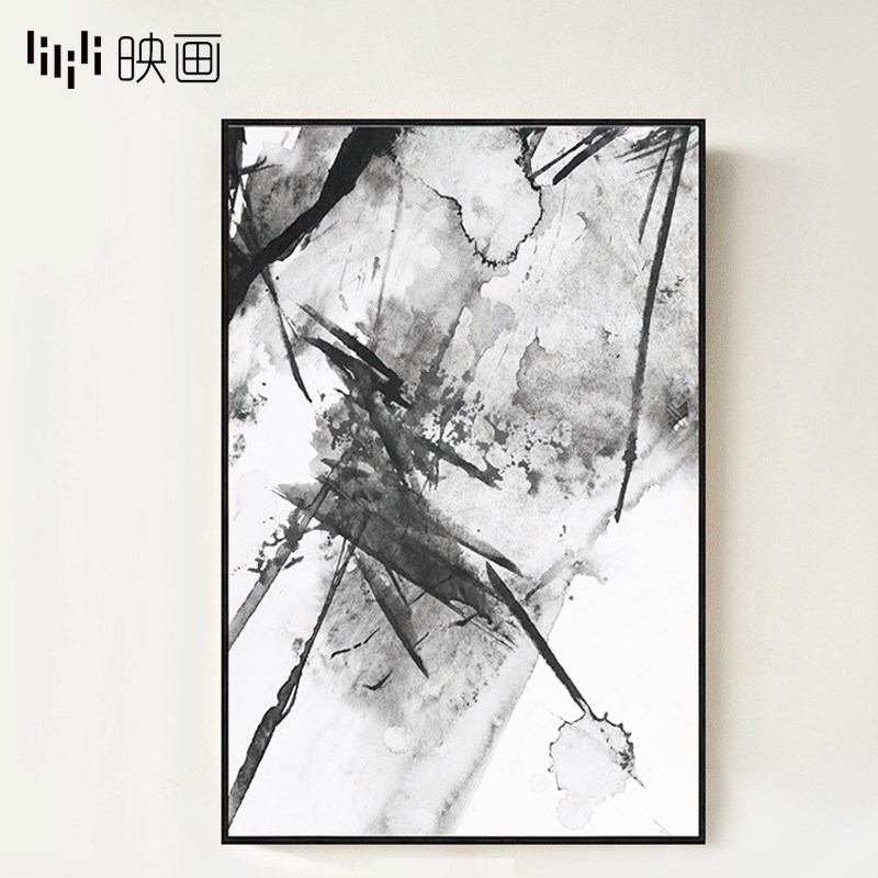 黑白画水墨壁画抽象客厅沙发背景墙装饰三连画P现代玄关过道装饰