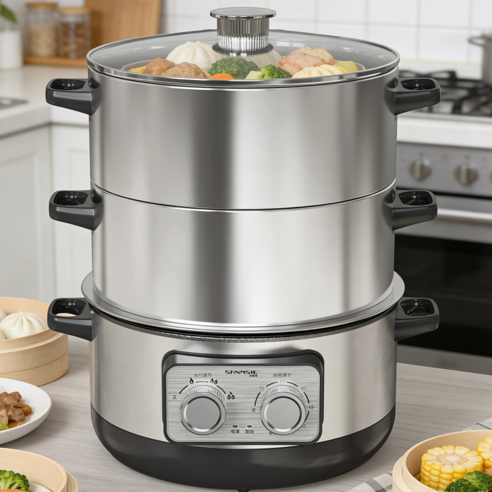 sanmsie山姆斯32cm多功能电热电蒸锅火锅304不锈钢分体式蒸锅蒸笼