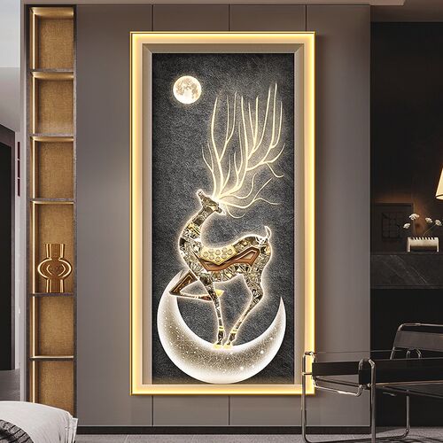 福鹿生财进门玄关装饰画轻奢走廊过道壁画大气入户餐厅发光灯挂画