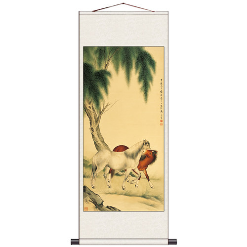 花鸟画卷轴画马到成功八骏图酒店挂画丝绸卷轴画名家字画客户礼品