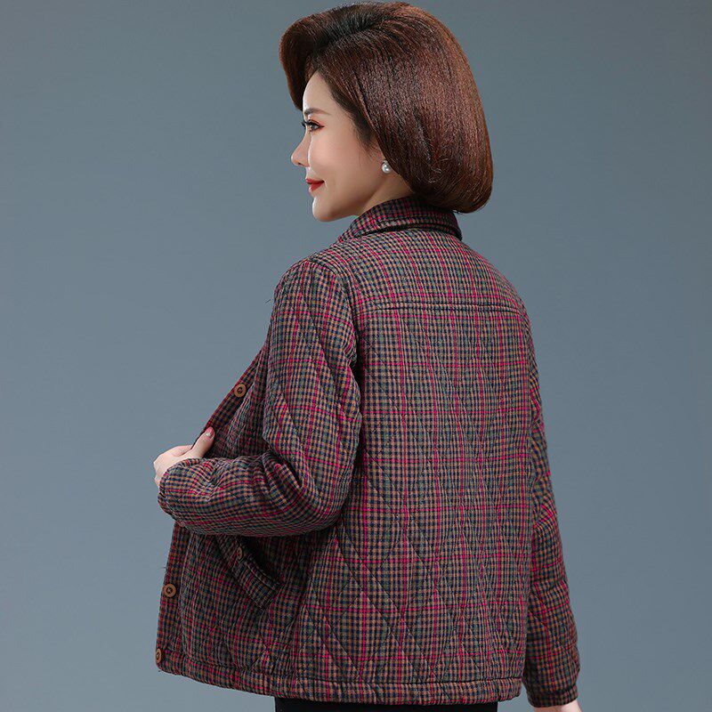 中老年女秋装夹棉衬衫外套老太太纯棉格子上衣奶奶宽松衣服妈妈装