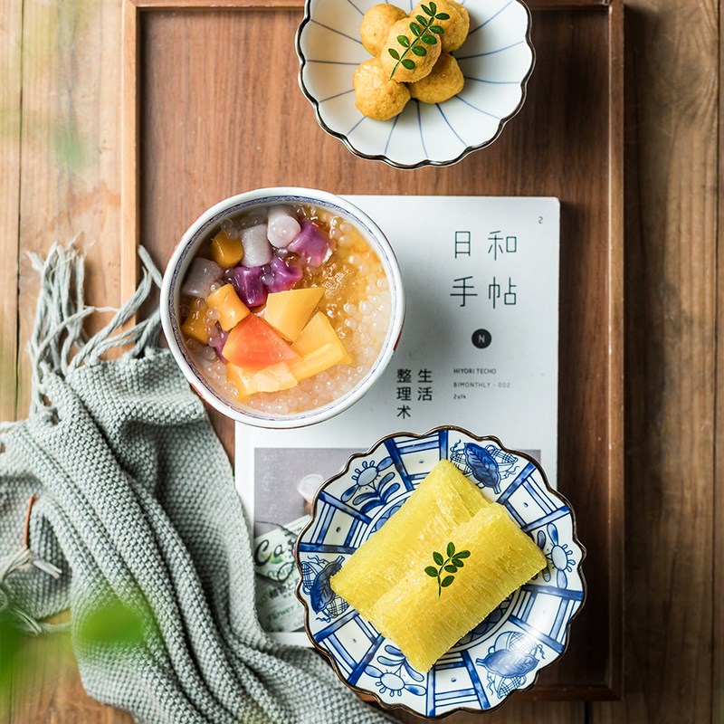 中式青花高脚茶点盘禅意下午茶室干果零食糕点心盘陶瓷高足水果盘