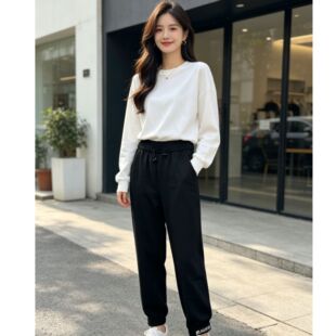 101B4074 拉夏家 女子春季弹力束脚九分运动长裤