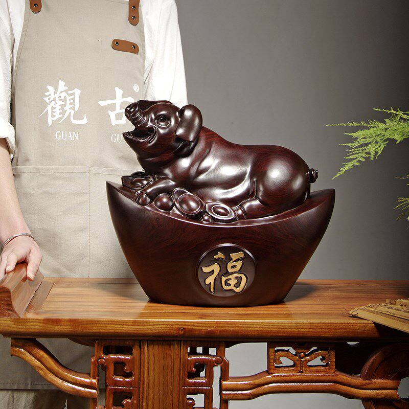 黑檀实木质雕刻母猪摆件十二生肖元宝猪家居客厅装饰品开业送礼品