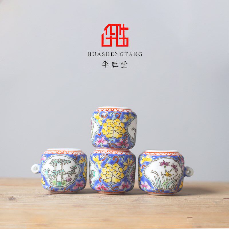 华胜堂 粉彩蓝梅兰翠菊六角红子五件套缸鸟缸喂食器鸟笼配件鸟具 - 实物图