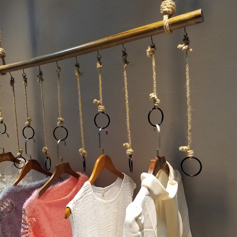 服装店上墙架子悬吊式天花板展示架店铺装修吊挂衣架墙壁挂麻绳木