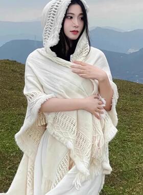 025秋季VKV新色款纯针织族连帽披肩女保暖2防风民风旅游拍照披风