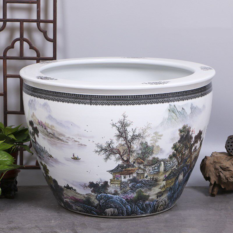 景德镇百子图陶瓷荷花睡莲金鱼缸大号专用水盆客厅阳台庭院招财缸