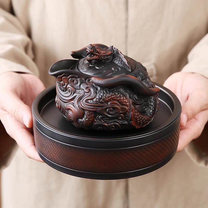 原彩品手抓壶紫陶茶壶手工堆雕复古典雅飞龙大容量陶瓷壶创意个性