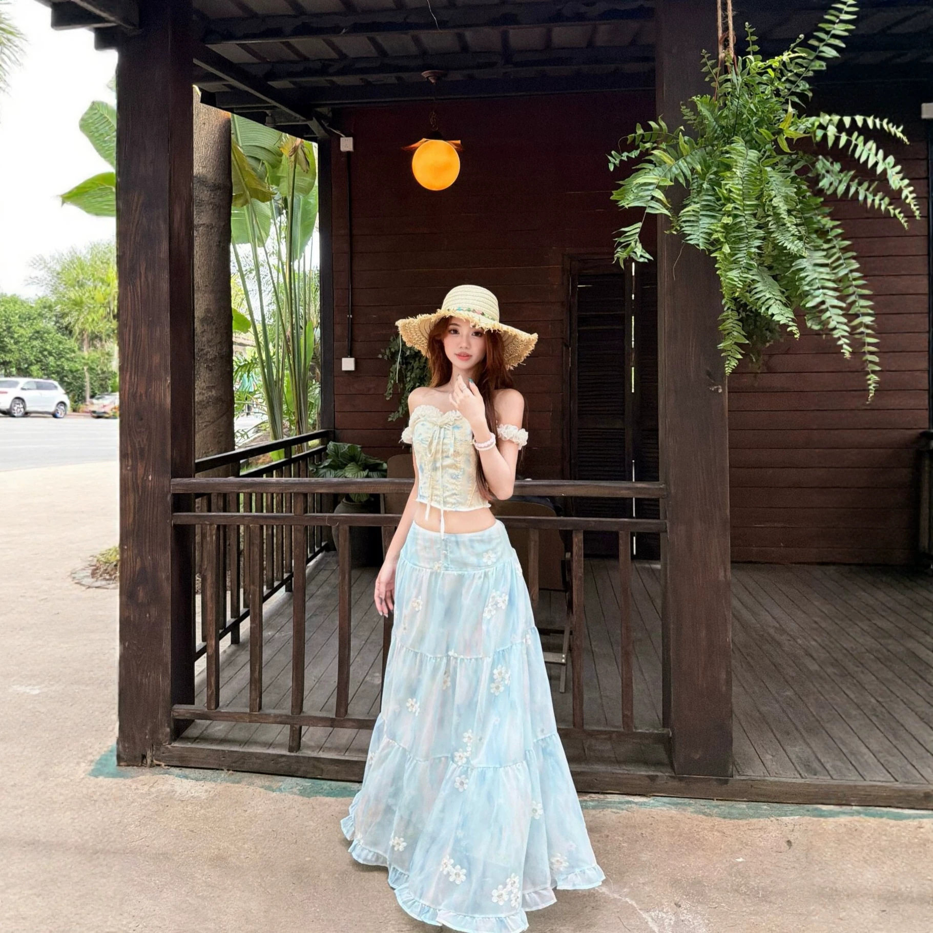 法式蓝色碎花长裙纯欲吊带上衣女夏高腰半身裙大摆长裙度假风套装