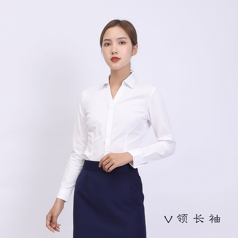 职业装白色衬衫女长袖V领上班显瘦工装兴业白色V领衬W衣女士工作