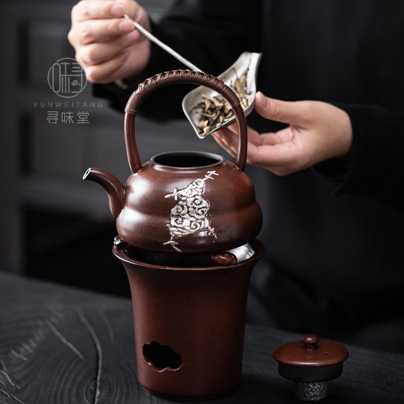 枣红釉银彩提梁壶煮茶炉煮茶壶酒精灯户外室内煮茶器功夫茶具