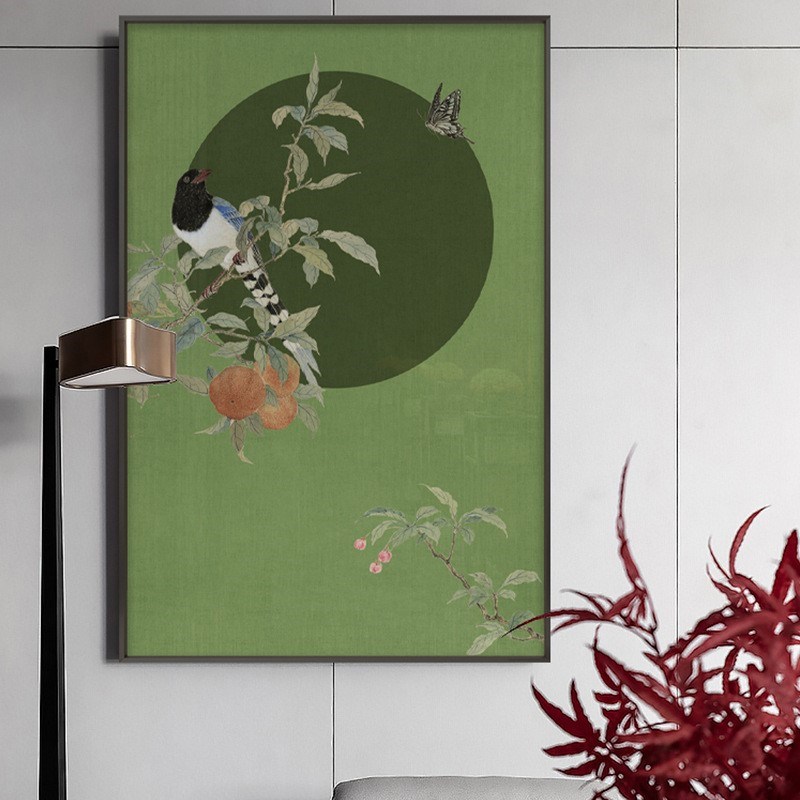 新中式花鸟装饰画墨绿色古典挂画样板房入户玄关大尺寸背景墙壁画