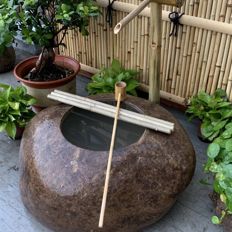 日式庭院流水景观石钵竹子摆件鹅卵石盆水槽水钵小景石槽室外装饰