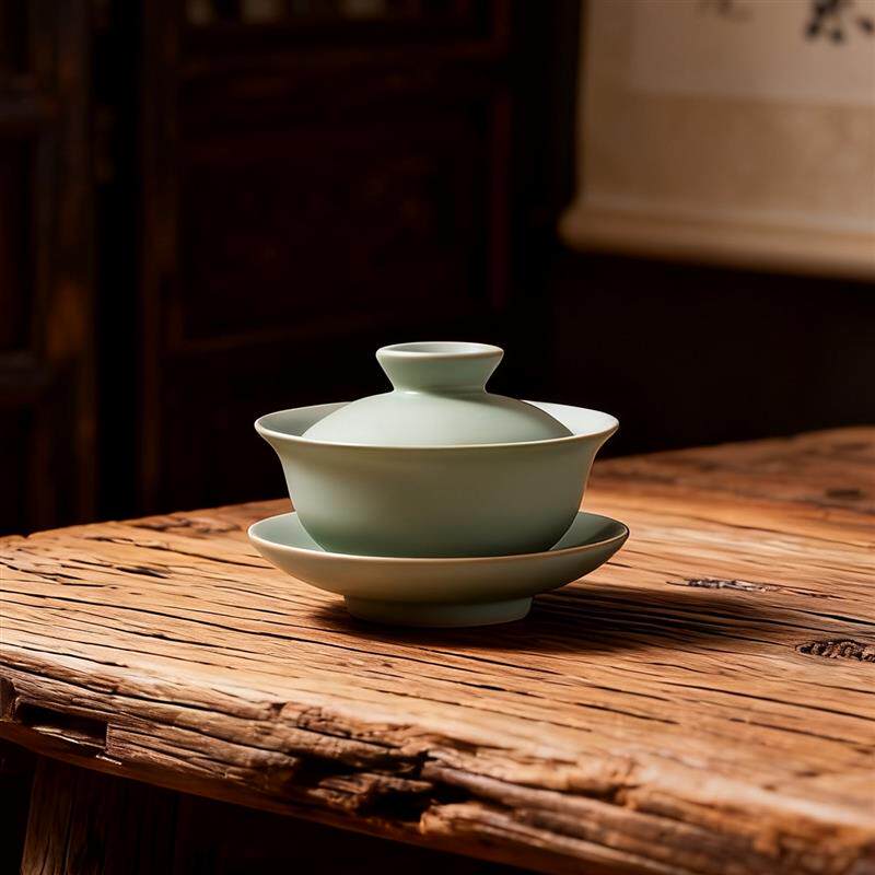 茶具茶碗+青瓷汝瓷汝窑茶杯功夫茶盖壶天青三才盖碗大号+开片包邮