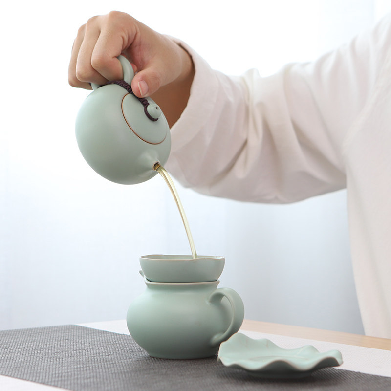 陶明堂汝窑功夫茶具套组汝瓷家用泡茶办公室会客泡茶套装茶杯茶壶