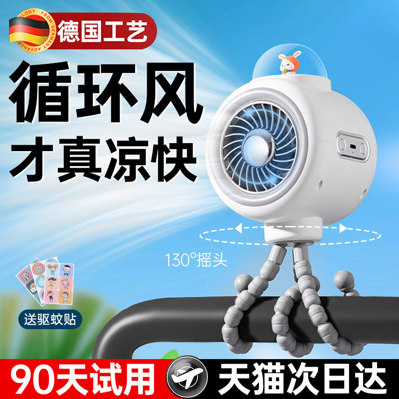 德国品质2024新款八爪鱼婴儿车风扇摇头宝宝专用无叶防夹手儿童推