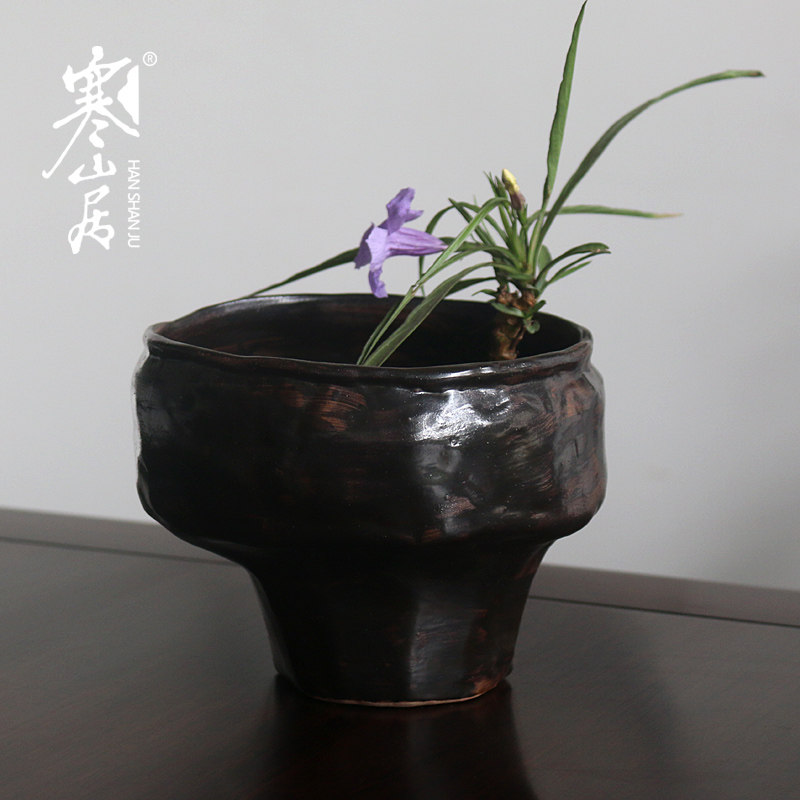 寒山居粗陶水培花盆禅意空间花器日式花道器皿陶瓷插花盆水盂碗钵