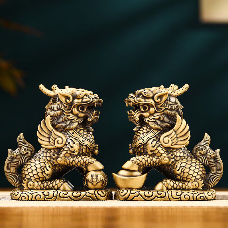 铜麒麟摆件一对财富麒麟客厅玄关办公室博古架招财装饰品开业礼物