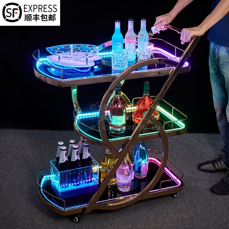 酒吧发光手推车夜场KTV三层出酒送餐车移动洋酒酒水车LED小推车