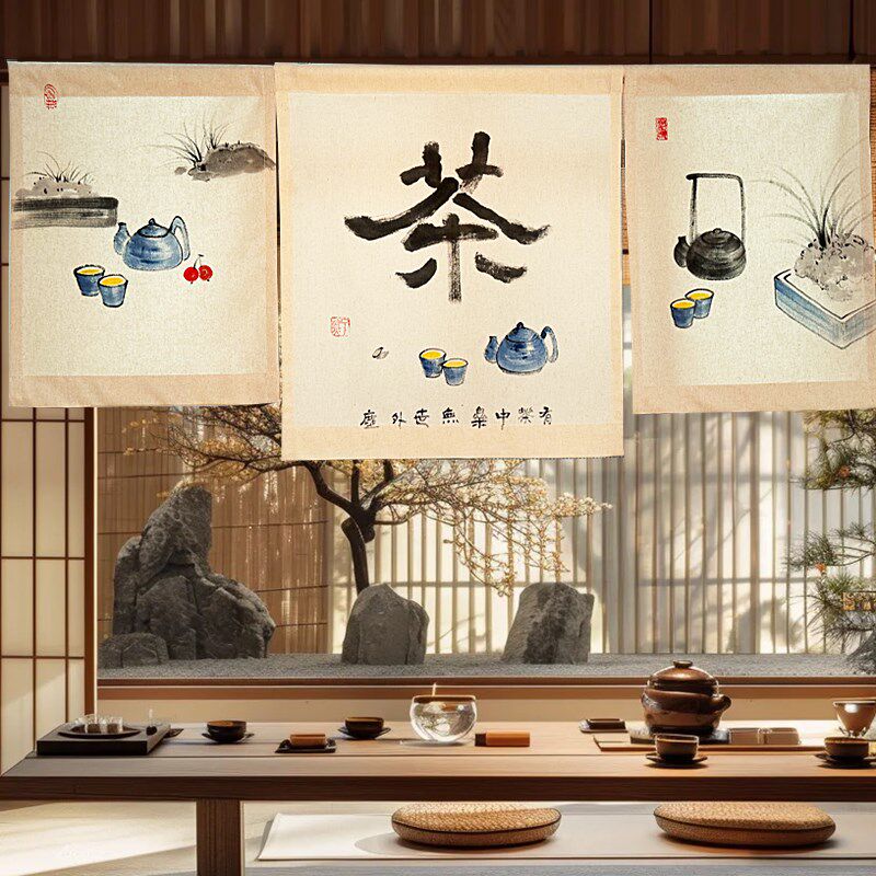 手绘门帘店铺商用门头帘日式布帘子中式短帘氛围隔断帘挂帘定制