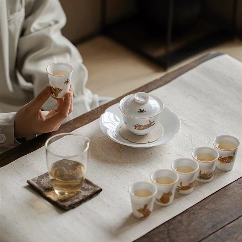 猫趣功夫茶具套装小套陶瓷整套盖碗茶杯简约白瓷甜白玉瓷茶具礼品