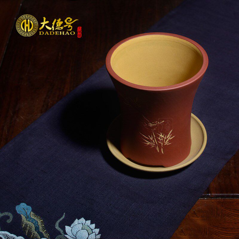 矮种兰花紫砂花盆 宜兴精品粉浆刻绘大小圆盆带托盘适合文竹绿植